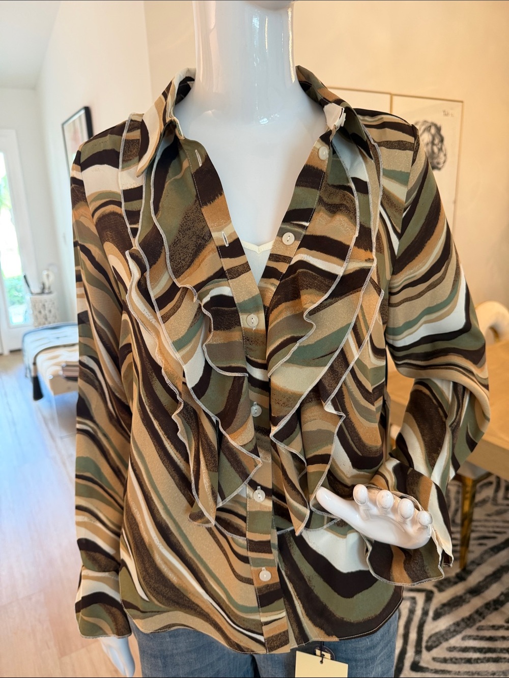 Jaclyn Smith Swirl Printed Ruffled Blouse Green/Brown/Tan